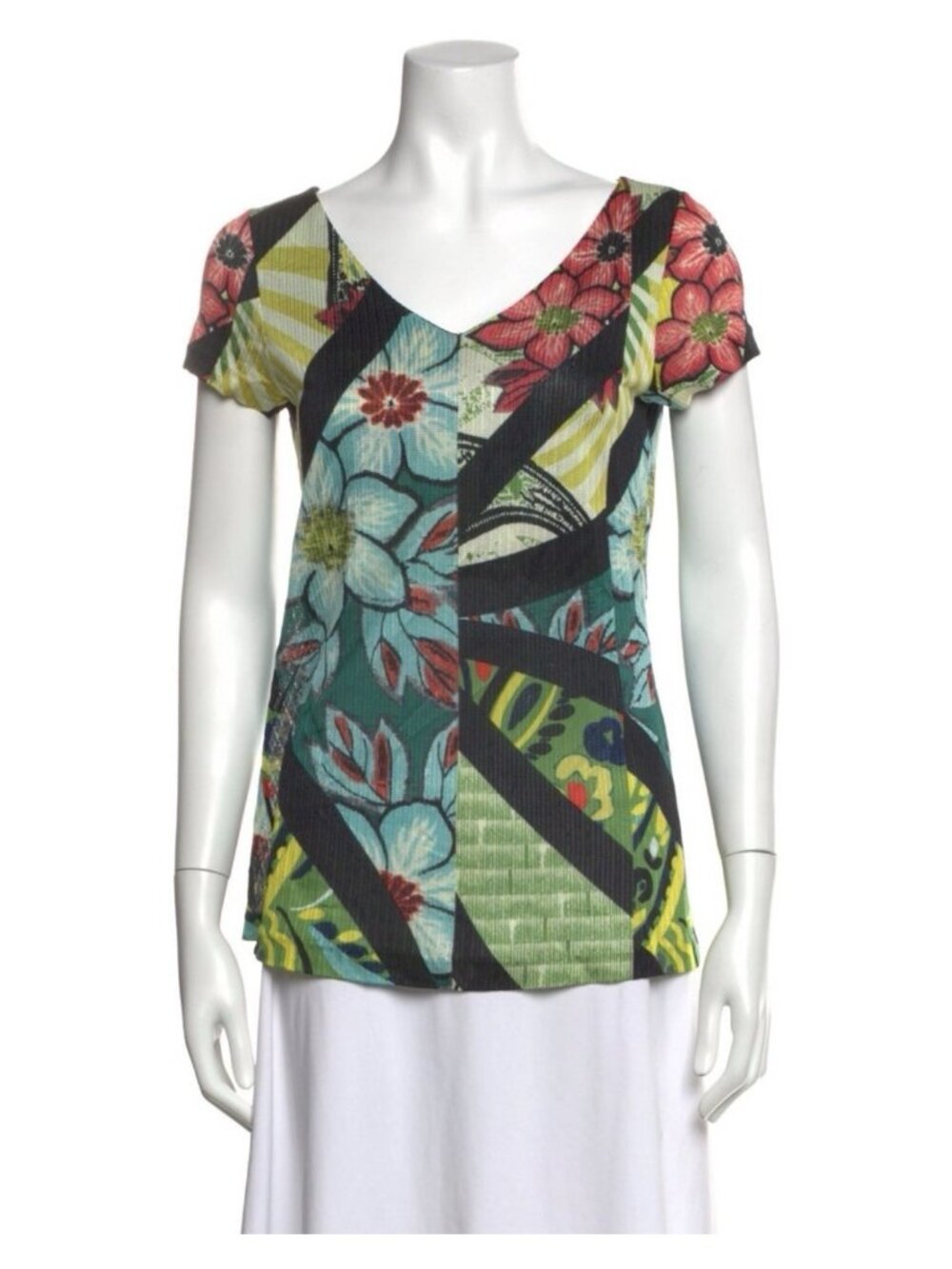 ETRO Milano Authentic Multicolor Floral Print V Neck Short Sleeve Top 38 US 2 Xs